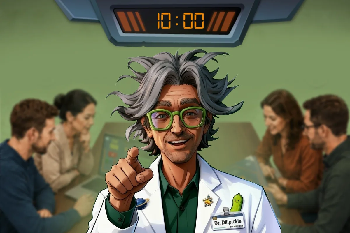 Dr. Dillpickle pointing at the viewer under a 10:00 countdown clock, with teams working in the background